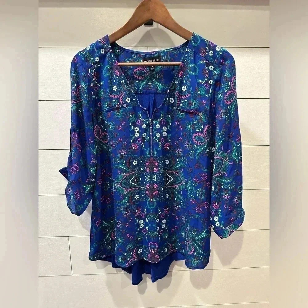 My Michelle Blue Multi- Floral Blouse - size medium